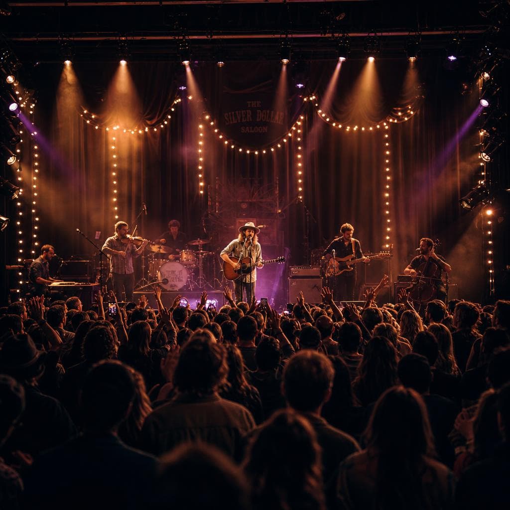 Musicians performing live on a stage lit with concert lighting